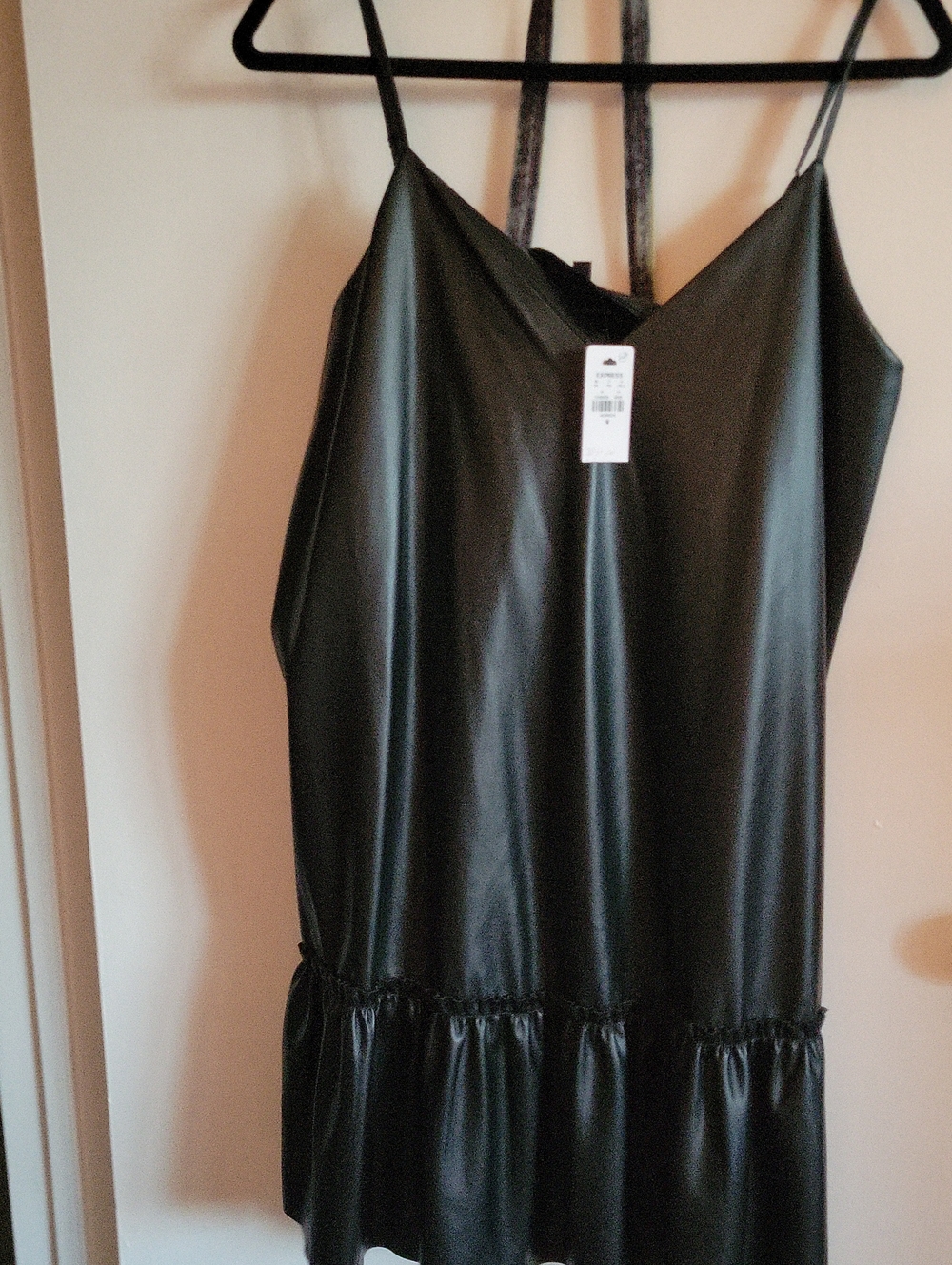 Women’s Black Vegan Leather Slip Dress with Ruffle Hem - Unbranded